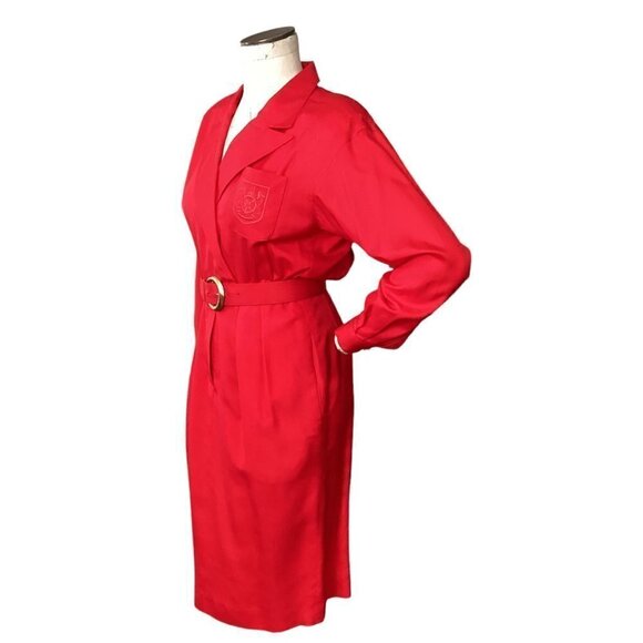 Liz Claiborne 100% Silk Shirt Dress Embroidered Pocket Belted Petite 6 Red #189A - Picture 5 of 13